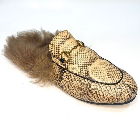 Gucci Princetown Fur Slipper EU 37 US 7 Python Print Horsebit Mule Loafer Flats - Picture 1 of 8